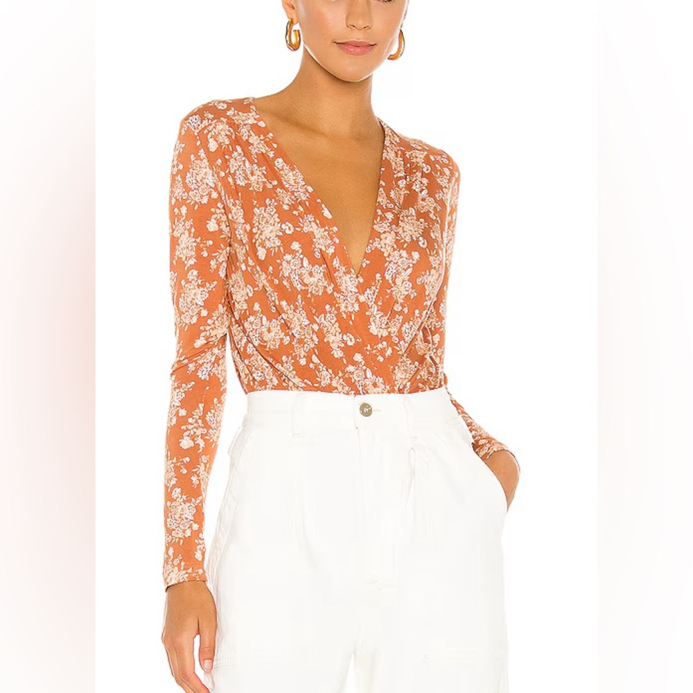 Free People Printed Turnt Copper Coral Wrap Front Bodysuit Top